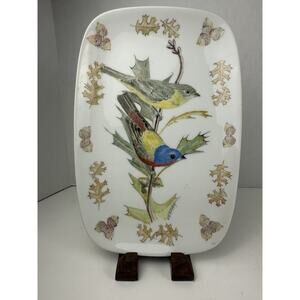 Hand Painted Buntings On Porcelain Plate, Birds On Oak Branch Signed RM McGinnis